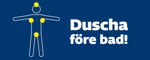 Illustration över badregler med texten "Duscha före bad"